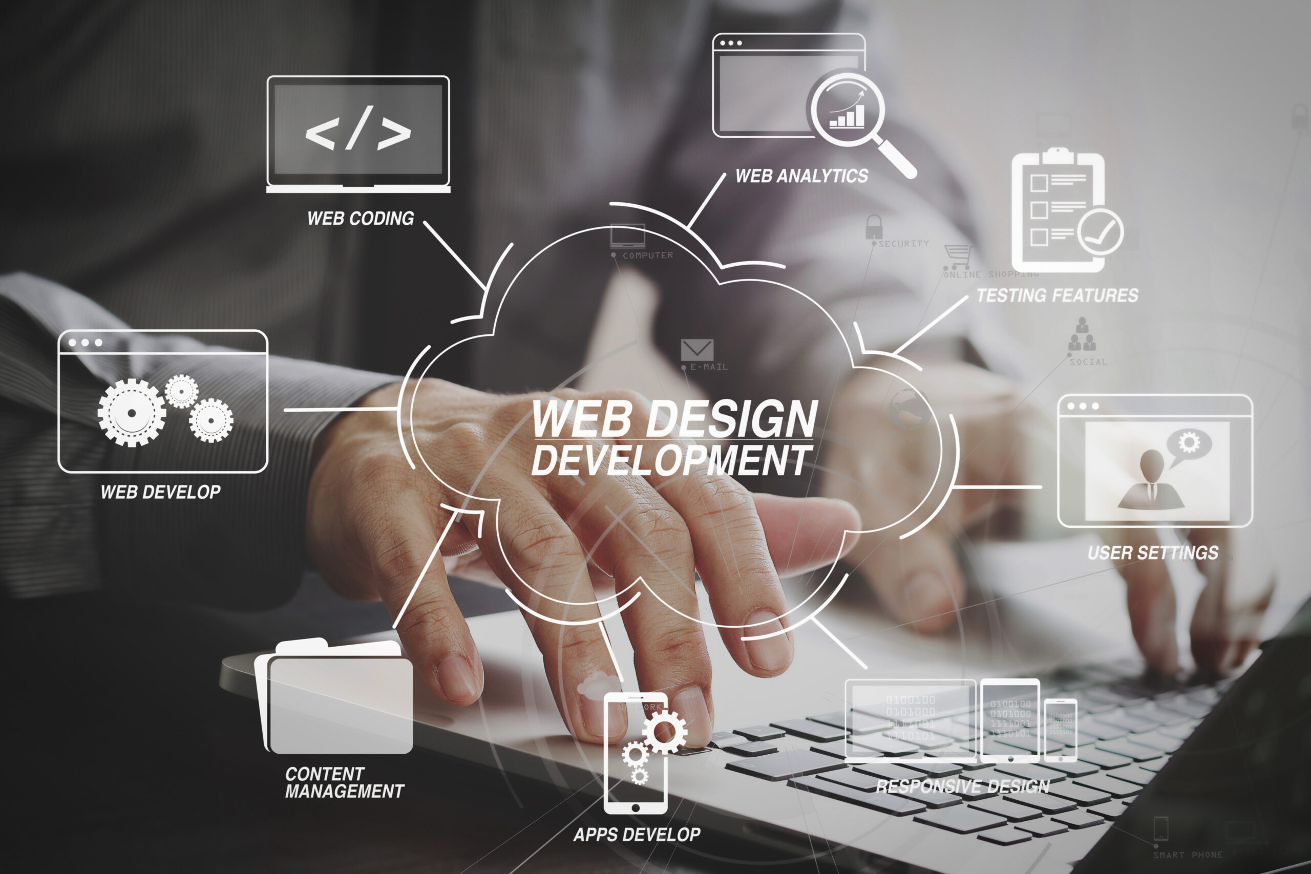 Coders hands typing, overlayed by text about web development 