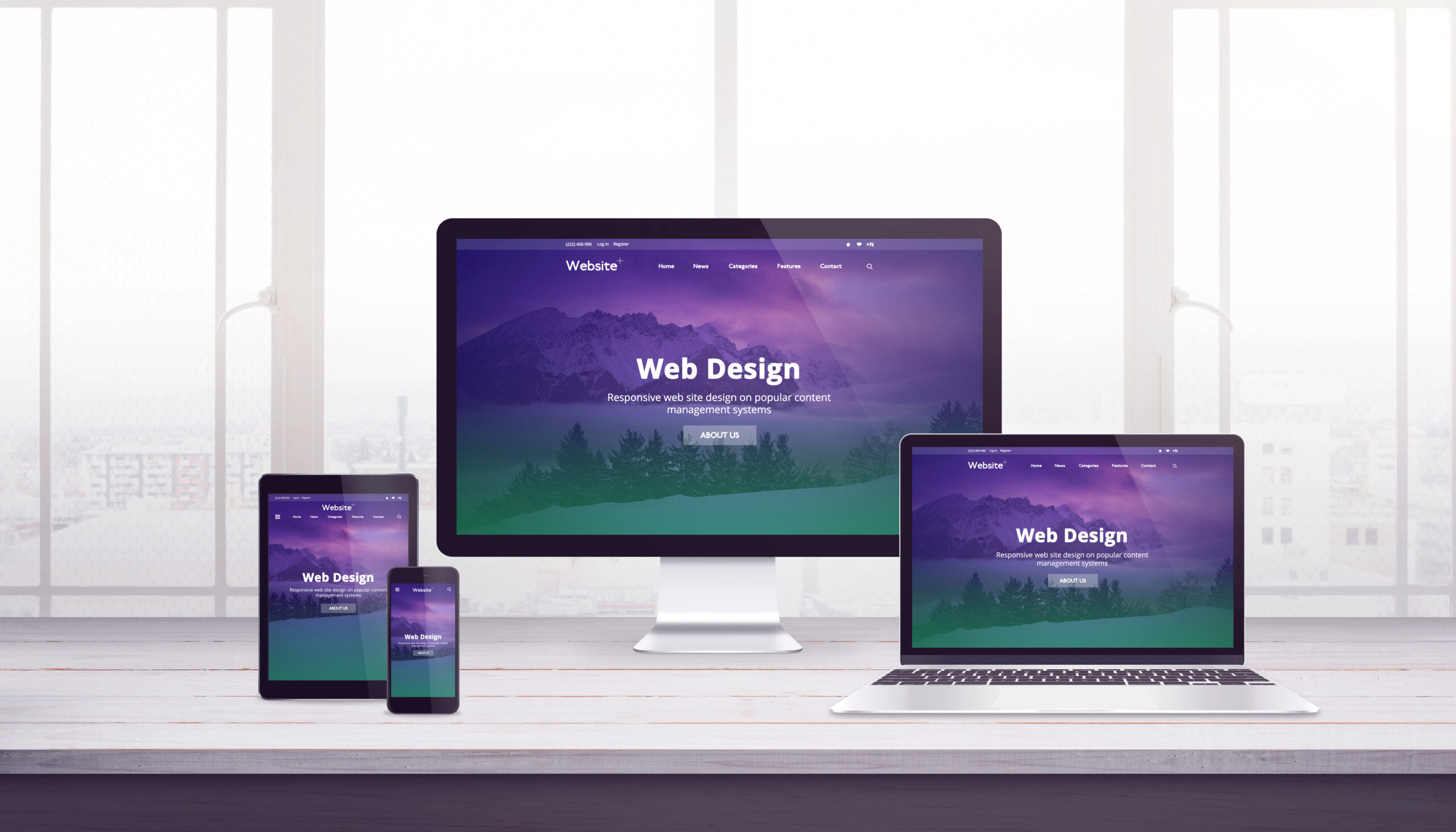 Responsive website displayed on various devices, from mobile, to tablet, to desktop.